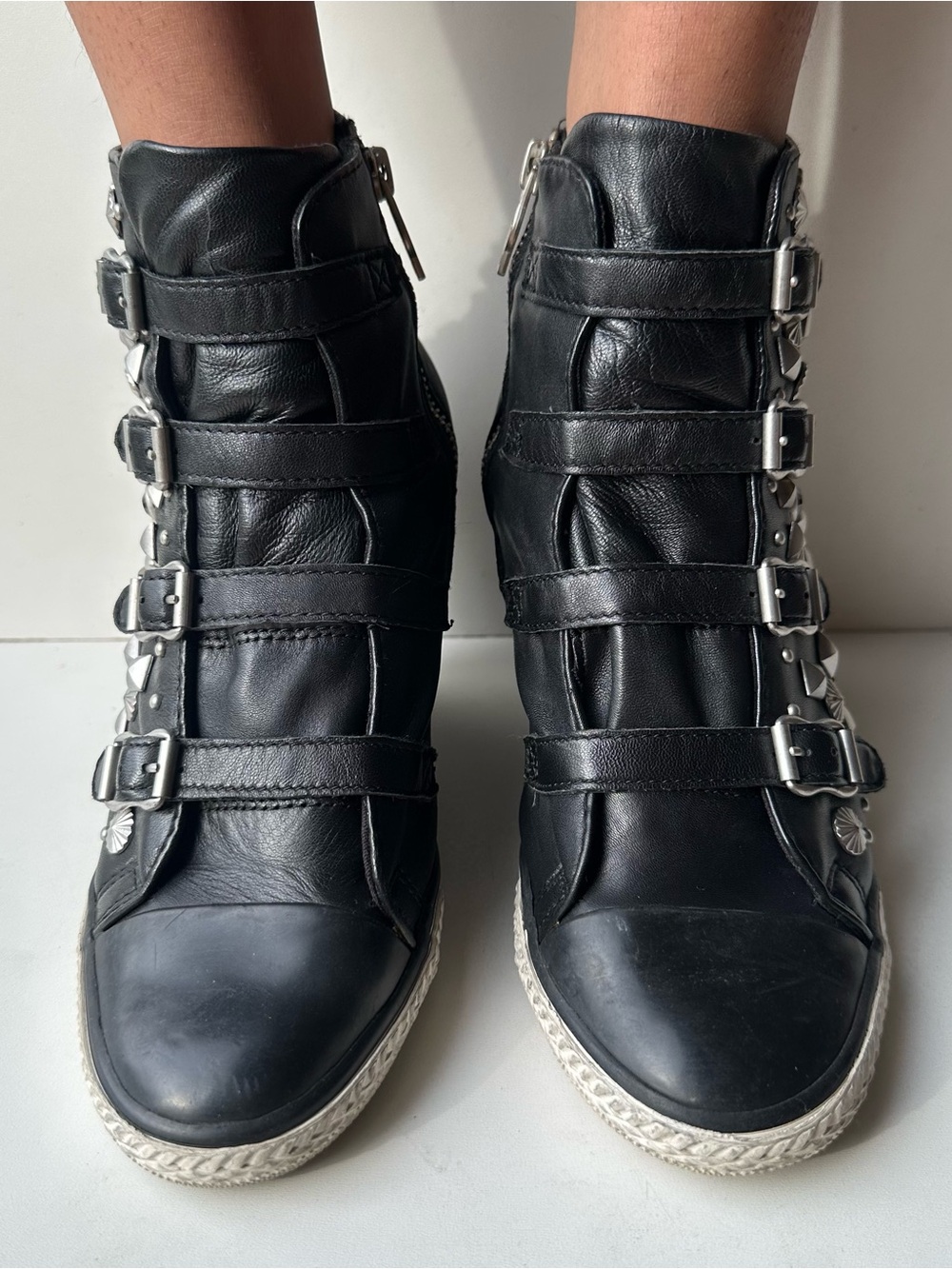 ASH Vintage Black Studded Wedge Sneaker Boots Leather Buckle Zip EU 39 - Picture 2 of 15